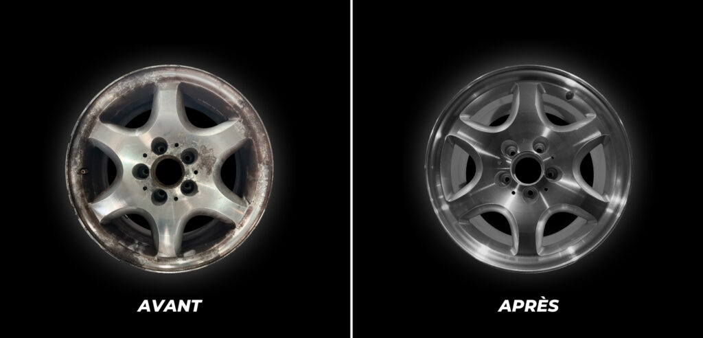 Comparaison avant et après rénovation d’une jante aluminium chez Jantes Alu Services